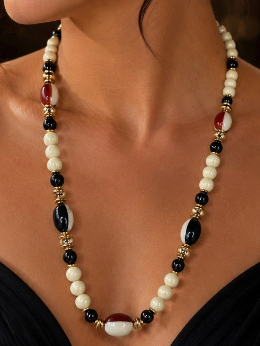 Vintage Mod Statement Necklace Large Beaded White Resin & Black Fashion Jewelry